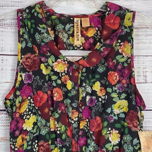 Sleeveless Midi Dress Black w/Floral Print Sz L Tier Asymmetric Whimsy Fairy NWT - Picture 3 of 11